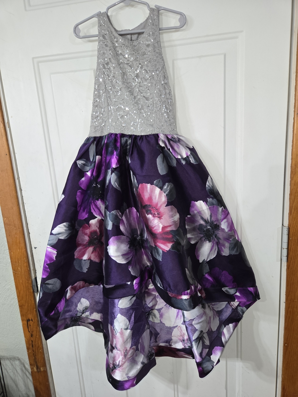 Speechless Silver Sequin Bodice Purple Floral High-Low Dress